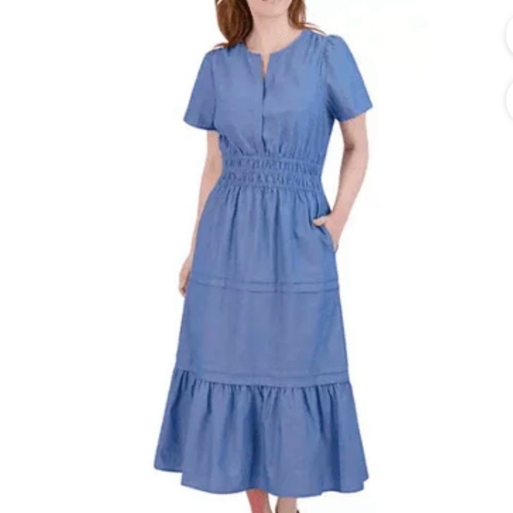French Connection 100% Cotton Chambray Cottage Style Maxi Dress Size Large